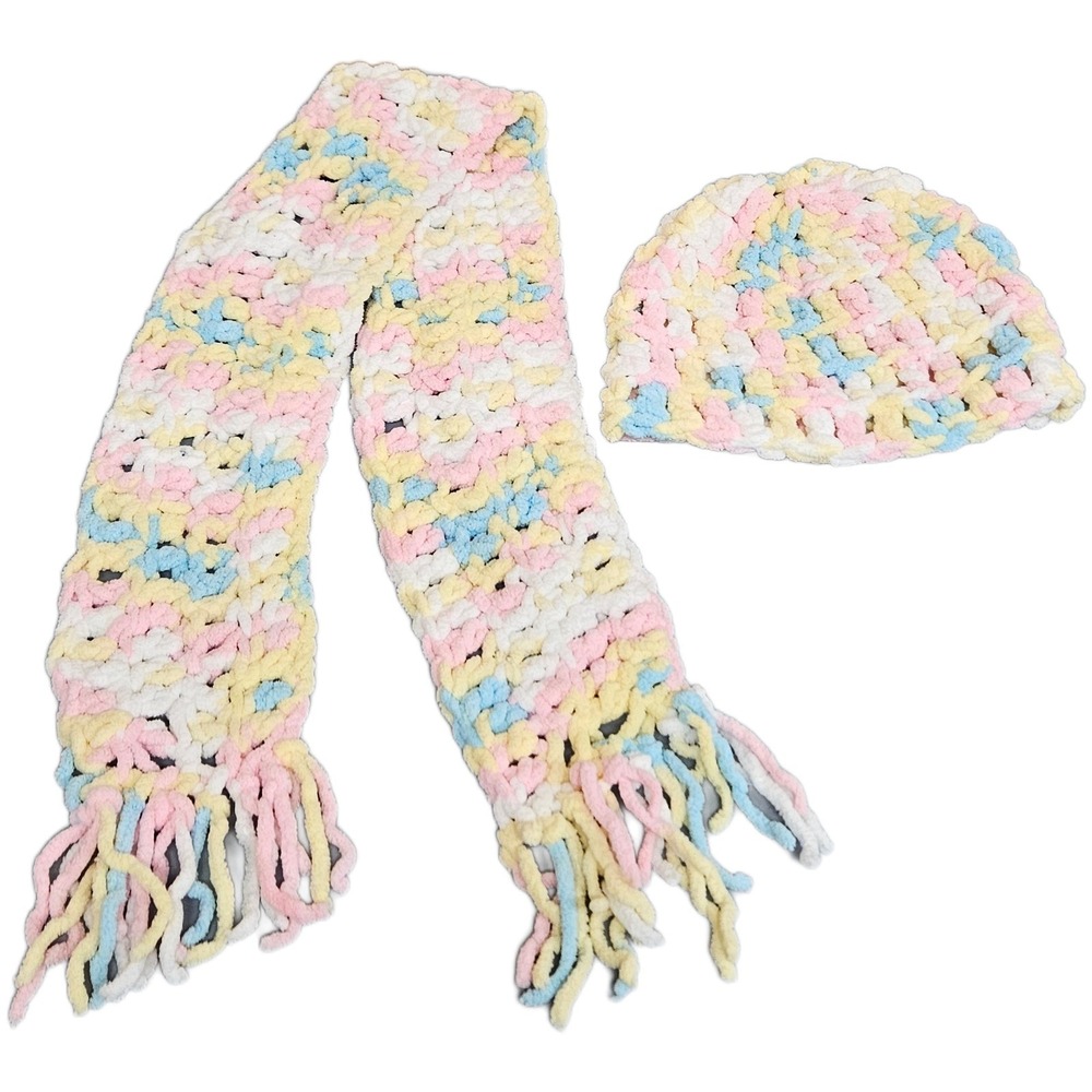 Handmade Crochet Multicolor Pastel Soft Chenille Toddler Kid Hat and Scarf Set - Picture 1 of 5